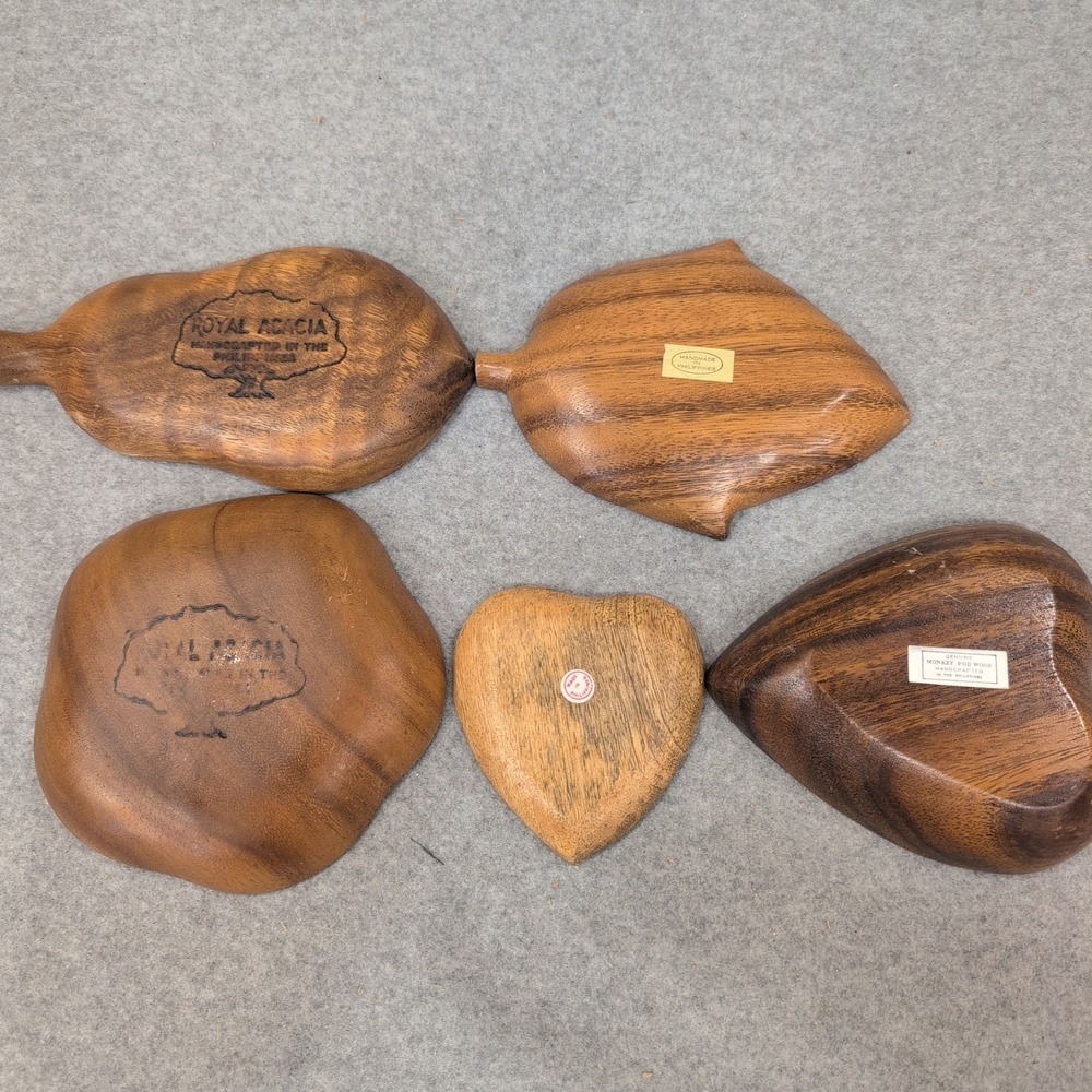 Royal Acacia Monkey Pod Wood Trinket Dish Set 5pc Heart Leaf Pear Philippines - Picture 4 of 4